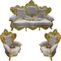 Jogo de Sofá Clássico com Par de Poltronas Bege com Dourado ideia para Sala e Hall 150x217x90cm e 130x89x86cm