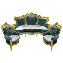 Jogo de Sofá Clássico com Par de Poltronas Verde com Dourado 115x77x88cm 132x220x80cm