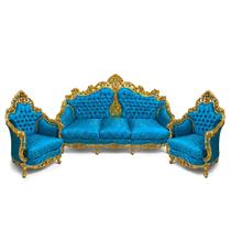 Jogo de Sofá Clássico com Par de Poltronas Verde Tiffany com Dourado 122x206x80cm
