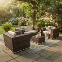 Jogo de Sofá Com Poltronas Para Varanda Jardim Fibra Sintética Tecido Liso Bege Varanda Fibras