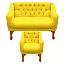Jogo de sofá namoradeira + 01 poltrona para escritorio recepção clinica resistente de fabrica grecia - suede amarelo