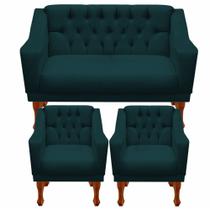 Jogo de sofá namoradeira + 02 poltronas para escritorio recepção clinica resistente de fabrica grecia - suede azul marin