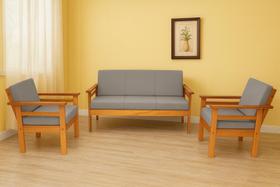 Jogo De Sofás 3 Lugares E Poltronas De Madeira Maciça