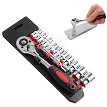 Jogo de Soquetes 1/4" 12 Peças com Chave Catraca e Extensor
