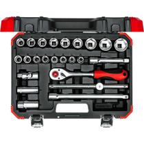 Jogo de Soquetes Sextavados e Acessórios, Encaixe de 1/2", 10,0 mm a 32,0 mm, com 24 Peças, R69003024, Gedore RED OstenVonder Jogo de Soquetes Sextavados e Acessórios, Encaixe de 1/2", 10,0 mm a 32,0 mm, com 24 Peças, R69003024, Gedore RED OstenVonder