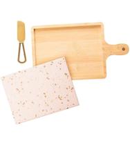 Jogo De Tabua 29x17cm 3 Peças Para Queijo Com Bandeja De Bambu E Faca Dourada E Tabua Terrazo - LYOR