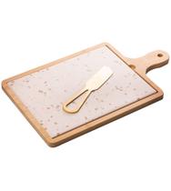 Jogo De Tabua 29x17x1,5cm 3 Peças Para Queijo Com Bandeja De Bambu E Faca Dourada E Tabua Terrazo