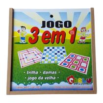 Jogo de Tabuleiro 3 em 1 Damas, Trilha e Jogo da Velha Educativo MDF - Carlu - 4 anos