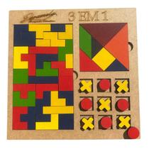 Jogo de Tabuleiro 3 em 1 em MDF Tetris, Tangram e Jogo da Velha para Todas as Idades Jogo de Tabuleiro 3 em 1 em MDF Tetris, Tangram e Jogo da Velha para Todas as Idades