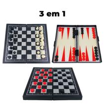 Jogo de Tabuleiro 3 em 1 Magnético - Xadrez, Dama e Gamão - Dobrável, Compacto e Portátil
