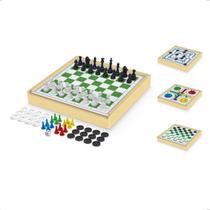 Jogo de Tabuleiro 4 em 1 4x1 Xadrez Ludo Dama Trilha Estojo Madeira luxo Brinquedos Junges