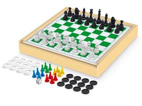Jogo de tabuleiro 4 em 1 xadrez + ludo + dama + trilha