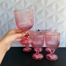 Jogo de taça de vidro rosa canelado com 6 peças 255ml para água vinho kit conjunto taças