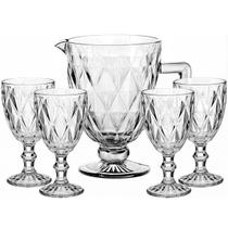 Jogo de Taças e Jarra Luxo Diamond Incolor 5 Peças Resistente Grosso Suco Vinho Drinks