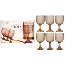 Jogo de Taças Pérola Ambar 6 Peças 390ml Haste Mesa Posta Vidro Elegante Vinho Água Suco Bebidas Resistentes Drinks Luxo Cozinha