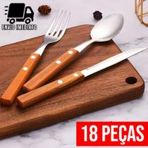 Jogo de Talher 18 Peças Prime Para Cozinha Cabo de Madeira Aço Inox Faca de Ponta Colher e Garfo