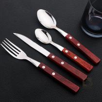 Jogo De Talher 25 peças Inox e Madeira Porta Talher Com Divisória Conjunto para Churrasco Carne