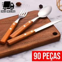 Jogo de Talher 90 Peças Prime Para Cozinha Cabo de Madeira Aço Inox Faca de Ponta Colher e Garfo Jogo de Talher 90 Peças Prime Para Cozinha Cabo de Madeira Aço Inox Faca de Ponta Colher e Garfo