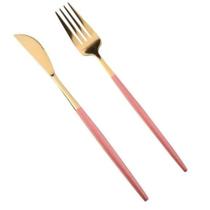 Jogo de Talheres 12 Peças Garfos e Facas Slim Aço Inox Bicolor Cabo Rosa