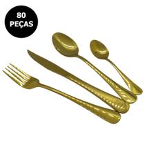 Jogo de Talheres 20 Kits de 4 Peças Conjunto Luxo Dourado Colher Garfo Faca Jantar Cozinha Mesa Gourmet