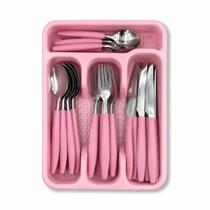 Jogo de Talheres 24 Peças Rosa com Porta Talheres Organizador de Gaveta Inox e Polipropileno Jogo de Talheres 24 Peças Rosa com Porta Talheres Organizador de Gaveta Inox e Polipropileno