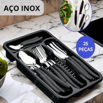 Jogo De Talheres 25 Peças Colher Garfo Faqueiro Aço Inox Com Gaveteiro Preto