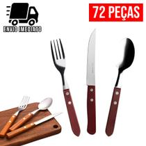 Jogo de Talheres 72 Peças Cabo de Madeira Aço Inox Faca de Ponta Colher e Garfo Wood Bambu