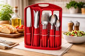Jogo De Talheres Caprese 26 Peças Inox Com Suporte Vermelho Jogo De Talheres Caprese 26 Peças Inox Com Suporte Vermelho