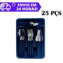 Jogo De Talheres Com 25 Peças Cabo De Plástico Inox Faqueiro Com Porta Garfos Facas E Colheres