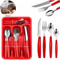 Jogo de Talheres de Aço Inoxidável com 25 Peças Sendo 1 Gaveteiro, 6 Facas, 6 Garfos, 6 Colheres, 6 Colheres de Chá Cor Sortida Vermelho Preto Jogo de Talheres de Aço Inoxidável com 25 Peças Sendo 1 Gaveteiro, 6 Facas, 6 Garfos, 6 Colheres, 6 Colheres de Chá Cor Sortida Vermelho Preto