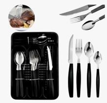 Jogo de talheres de inox cabo de plástico preto + organizador de gaveta 25 peças faca garfo colher