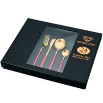 Jogo de Talheres Düsseldorf Dourado com cabo Vermelho - 24 peças - Jogo de Talheres Completo com Detalhes Elegantes - Vintage com Toque de Luxo!