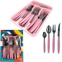 Jogo De Talheres Faqueiro Aço Inox Com Gaveteiro Rosa Faca Churrasco Garfo Colher 24 Peças Sofisticado