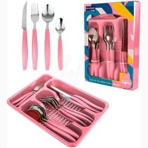 Jogo De Talheres Faqueiro Aço Inox Kit Talheres Com 24 Peças Gaveteiro Rosa