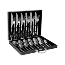 Jogo de Talheres Faqueiro Inox Maleta Madeira Garfo Faca Colher Premium Luxo 24 Peças