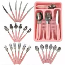 Jogo de Talheres inox 25 Peças Com Organizador Rosa