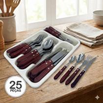 Jogo de Talheres Inox com Cabo de Madeira Porta Talheres Cozinha e Mesa Elegante e Sofisticado Jogo de Talheres Inox com Cabo de Madeira Porta Talheres Cozinha e Mesa Elegante e Sofisticado