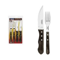 Jogo de talheres jumbo para churrasco tramontina em aço inox com cabo castanho polywood 4 peças 21198908