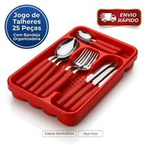 Jogo De Talheres Kit 25 Peças Vermelho Inox Com Bandeja Organizadora Jogo De Talheres Kit 25 Peças Vermelho Inox Com Bandeja Organizadora