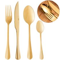 Jogo De Talheres Mesa 24 Pçs Garfo Faca Colher Aço Inox Positano Dourado Luxo Lyor