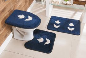 Jogo de Tapete de Banheiro Bordado 3 Peças Tulipa - Azul Marinho