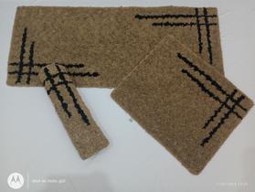 Jogo de Tapete Frufru para Cozinha com Listra Preta 3 Peças Bege com Preto Etc e Tal Artesanato