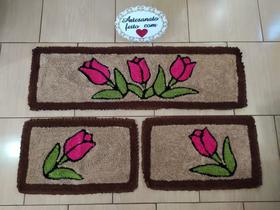 Jogo de Tapete personalizado de Frufru Cozinha 3 Peças Flor Lilas Minas fundo algodão antiderrapante