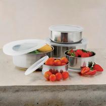 Jogo de Tigelas Bowls de Aço Inox com Tampa 5 Unidades Jogo de Tigelas Bowls de Aço Inox com Tampa 5 Unidades