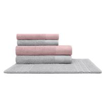 Jogo de Toalha KazzaVip 100% Algodão Nobre Jacquard Limoges 5 peças Prata e Rosa Cetim Jogo de Toalha KazzaVip 100% Algodão Nobre Jacquard Limoges 5 peças Prata e Rosa Cetim