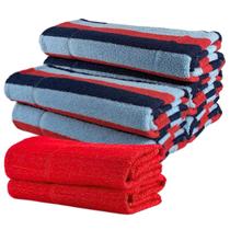 Jogo de Toalhas 7 Peças Kit Família 5 Banho + 2 Rosto Algodão Alta Absorção Macia Azul E Vermelho
