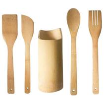 Jogo de utensílios colher e espátula de bambu natural 4 peças com suporte - Top Útil