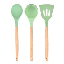 Jogo de Utensílios Cozinha Silicone Cabo Madeira Conjunto Kit 3 Peças