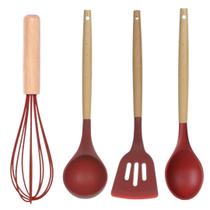 Jogo de Utensílios Cozinha Silicone Cabo Madeira Conjunto Kit 4 Peças