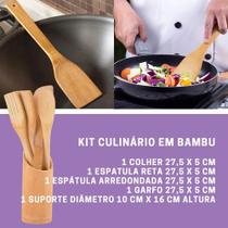 Jogo de Utensílios de Bambu para Culinária - 5 Peças com Suporte